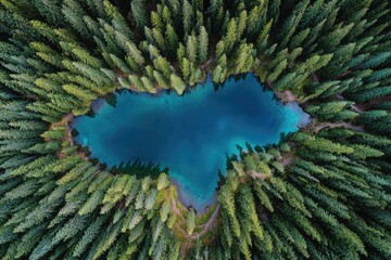 Aerial view of a stunning turquoise lake surrounded by a dense forest of evergreen trees