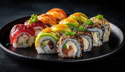 Close-up of colorful sushi rolls arranged on a dark plate, lit to show textures