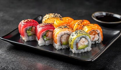 Close-up of colorful sushi rolls arranged on a dark plate, with dipping sauce