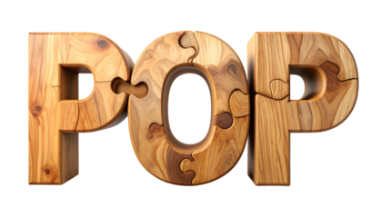Wooden "POP" letters, each formed as a puzzle piece, on black background