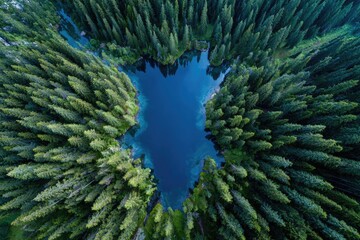 Bird's-eye view of a tranquil blue lake embraced by a dense, evergreen forest