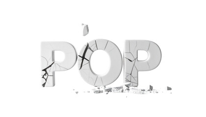 3D "POP" text in white, cracked & broken on a black background