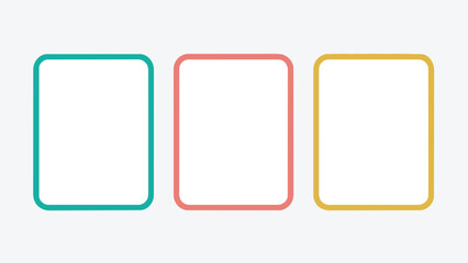 Three blank rounded rectangle frames in different colors.