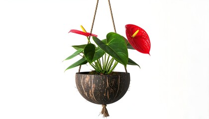 Anthurium plant with vibrant red blooms and green leaves in a rustic, hanging coconut shell