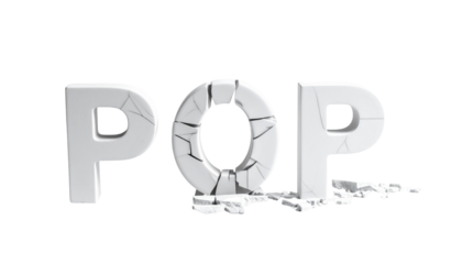 POP" word in 3D white concrete, cracked/broken on a black background