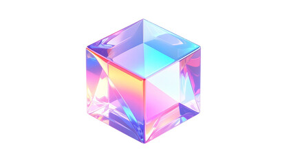 Gleaming translucent cube refracting light with iridescent colors, on black