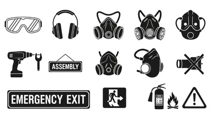 Construction Site Safety Glyph Icon Set &ndash; PPE, Tools, Fire and Emergency Vector Symbols