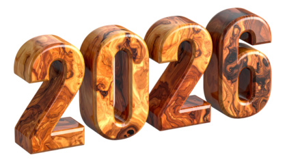 Textured wooden numbers 2026 stand against a stark black background