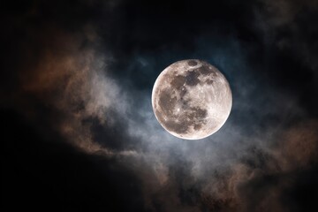 The night sky features a bright, detailed full celestial body surrounded by swirling clouds