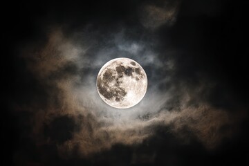 Luminous full orb peeks through ethereal clouds, filling the night sky with beauty
