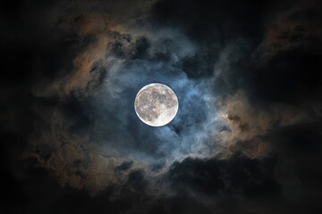 A full, bright moon shines through dramatic, swirling clouds at night