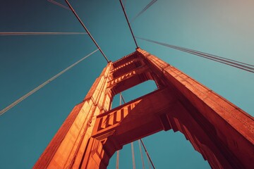 Low-angle view of a tall, reddish-orange bridge tower and suspension cables against a blue sky