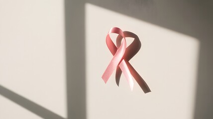 Pink ribbon on white background with sunlight and shadows