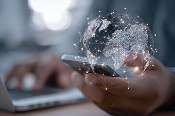 Close-up of hands with a smartphone, holding a globe composed of connected points