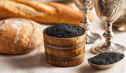 A wooden pot overflowing with black caviar, bread, and ornate goblets