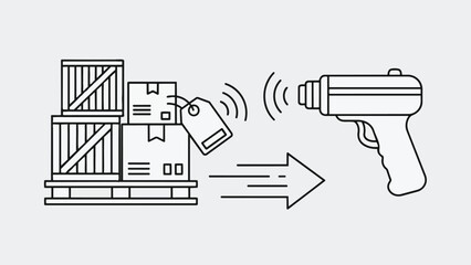 Warehouse inventory management with barcode scanner and boxes.