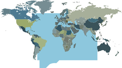 World Map Highlighting Atlantic Ocean and Surrounding Continents.
