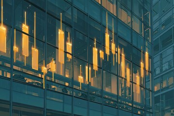 Gleaming skyscraper reflecting digital stock data, financial market visualization