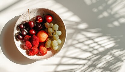 Overhead view of ceramic bowl filled with colorful fruit, shadowed background