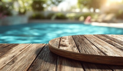 A rustic wooden deck edge in focus, overlooking a blurred pool and sunny background