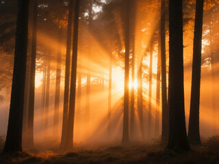 Ray of Sunlight Pierce Fog Forest