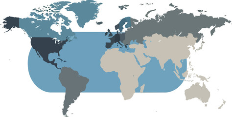 World Map Showing Continents and Oceans.