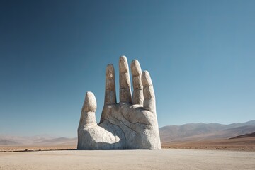 Large sculpture of a hand rising from desert landscape against a clear blue sky