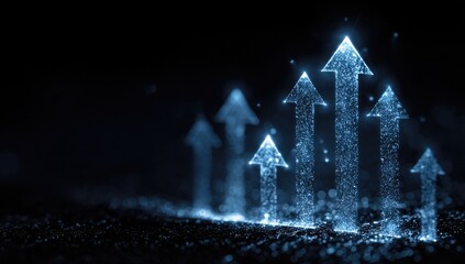Abstract image of rising arrows composed of glowing particles against a dark backdrop