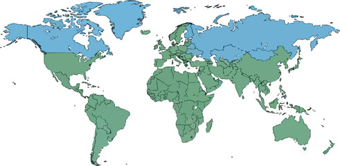 World map showing distribution of two distinct regions in green and blue colors.