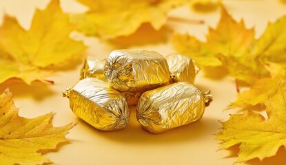 Golden candies, in shiny foil, on a warm yellow surface surrounded by fallen leaves