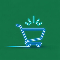 Illuminated shopping cart neon sign glowing bright blue and cyan symbolizing online commerce sales and retail purchasing success