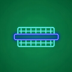 Blank neon frame banner sign with bright blue empty horizontal space surrounded by cyan grid pattern on green backdrop