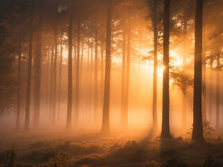 Ray of Sunlight Pierce Fog Forest