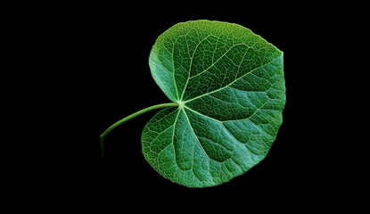 Isolated, heart-shaped green leaf with detailed veins on a stark black background