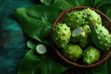 A basket overflows with exotic green fruits, resting on lush leaves