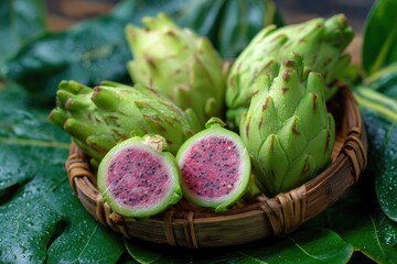Close-up of artichokes, one sliced open, in a woven basket surrounded by leaves