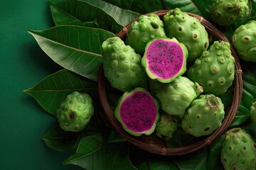 Vibrant green fruit with textured skin, some cut open, nestled in a wicker basket