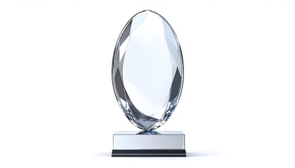 Clear, faceted crystal award sits on a chrome-like base, against a stark white backdrop