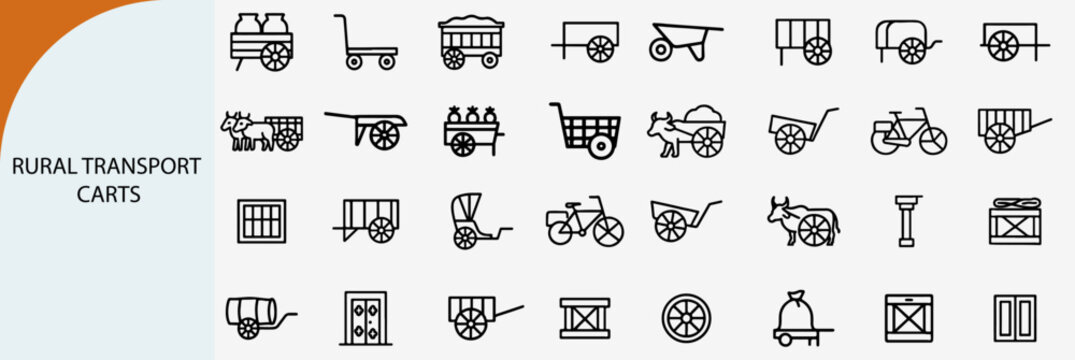 rural transport carts and traditional wooden wagons outline icons set