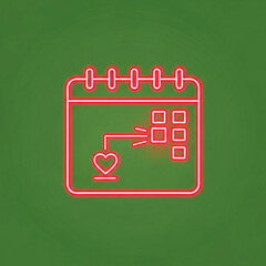 Glowing red neon calendar icon showing heart leading to marked dates illustrating important appointment reminder