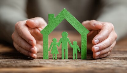 Hands cradle a green family silhouette within a house cutout on a wooden surface
