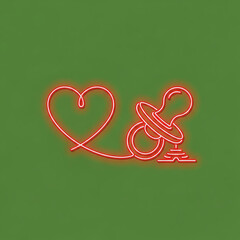 Baby pacifier and heart neon sign on green background for baby shower celebration and infant newborn holiday greeting