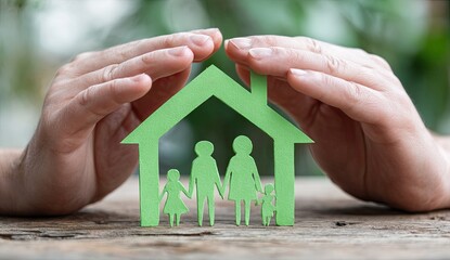 Hands cupping a green paper house cutout with family figures inside