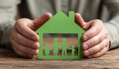 Hands cradle a green paper house cutout with a family inside, symbolizing protection