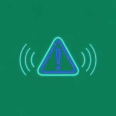 Continuous line drawing of a warning sign with a glowing blue neon effect and sound waves on green background