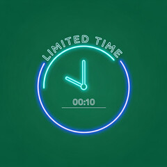 Limited time offer neon clock sign with countdown timer on green background for marketing sales and urgent promotions