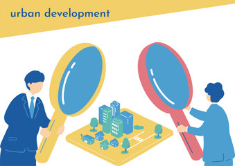 虫眼鏡で都市を分析するビジネスパーソン