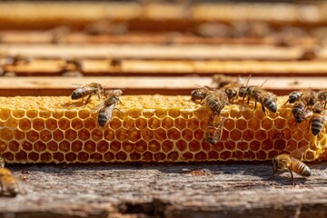 Close-up of bees on a honeycomb frame inside a wooden beehive