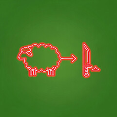 Sheep and knife neon sign on green background, abstract graphic illustration, metaphor for danger