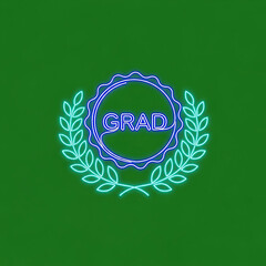 Neon grad text inside a blue wavy circle, framed by a teal laurel wreath on a solid green background